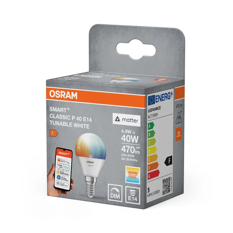 OSRAM Matter SMART+ Mini Ampoule LED Lampe TW FR E14 4,9W 470 lm, 2700…6500 K, Blanc Réglable