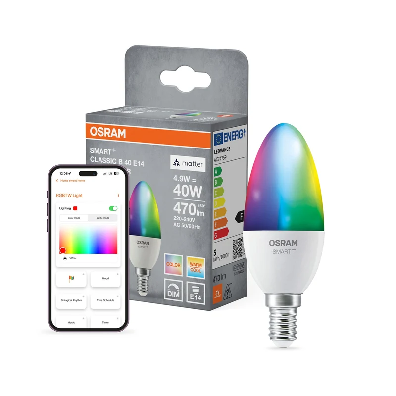 OSRAM Matter SMART+ LED Lampe CLASSIC B, RVB, Optique givrée, 4,9W, 470lm, E14
