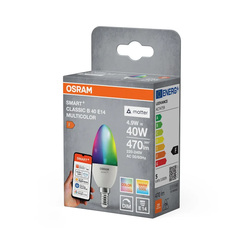 OSRAM Matter SMART+ LED Lampe CLASSIC B, RVB, Optique givrée, 4,9W, 470lm, E14