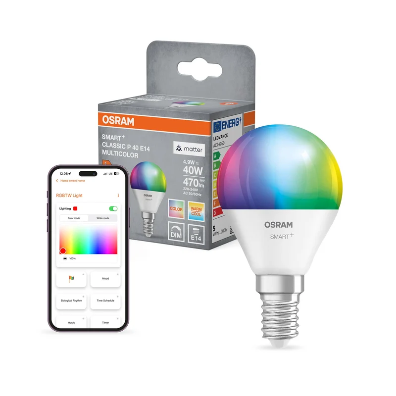 OSRAM Matter SMART+ LED Lampe CLASSIC P, RVB, Optique givrée, 4,9W, 470lm, E14