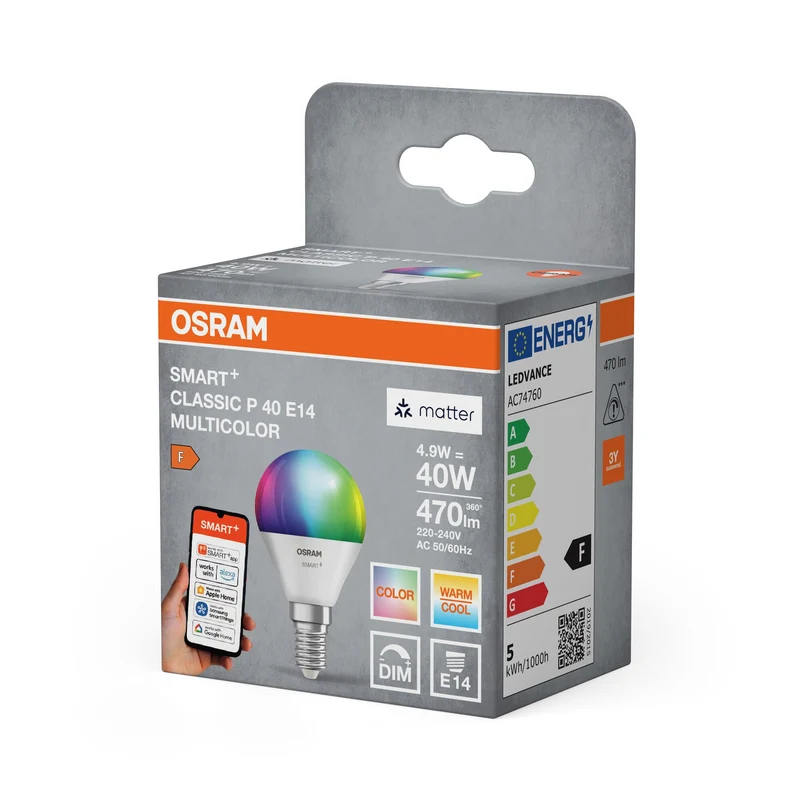 OSRAM Matter SMART+ LED Lampe CLASSIC P, RVB, Optique givrée, 4,9W, 470lm, E14