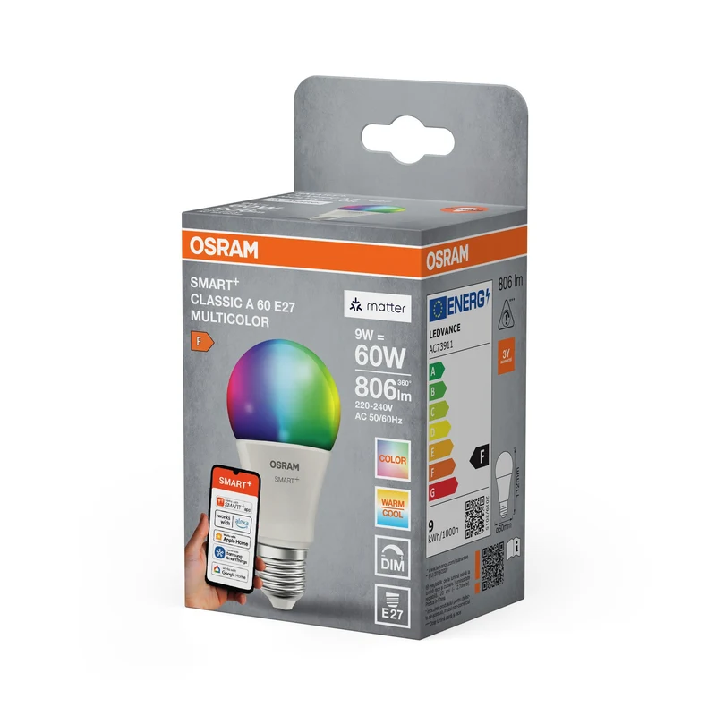 OSRAM Matter SMART+ LED Lampe, RVB, Optique givrée, 9W, 806lm, E27