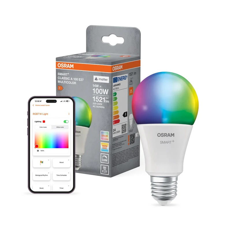 OSRAM Matter SMART+ LED Lampe CLASSIC A, RVB, Optique givrée, 14W, 1521lm, E27