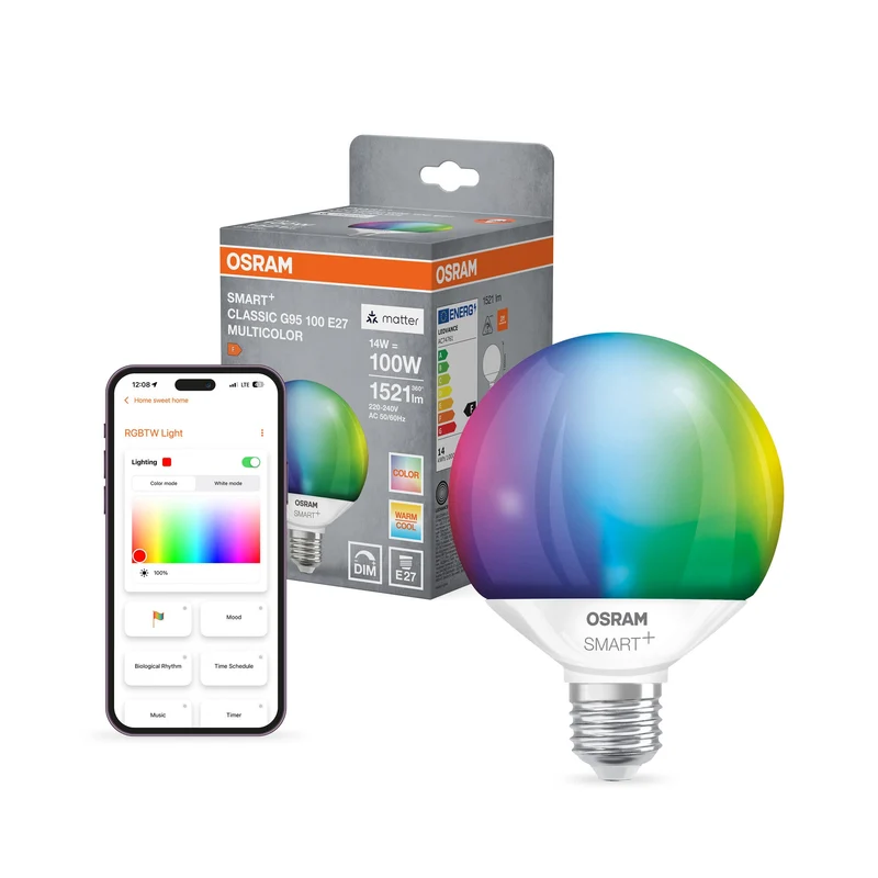 OSRAM Matter SMART+ LED Lampe CLASSIC G95, RVB, Optique givrée, 14W, 1521lm, E27