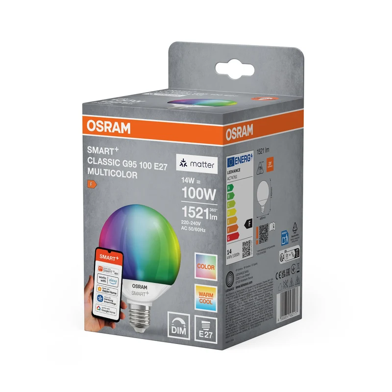 OSRAM Matter SMART+ LED Lampe CLASSIC G95, RVB, Optique givrée, 14W, 1521lm, E27