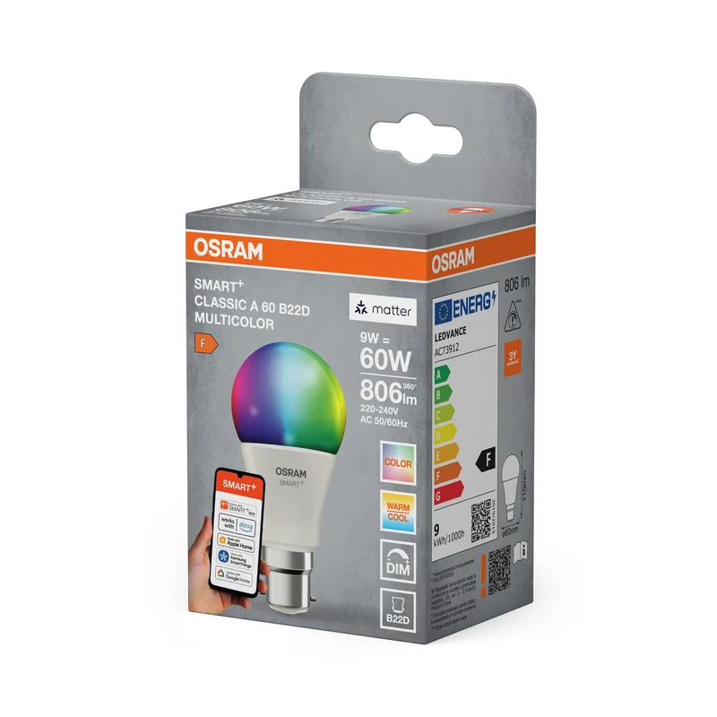 OSRAM Matter SMART+ Classique LED Lampe RGBW FR B22D 9W, 806 lm, 2700…6500 K, RGBW