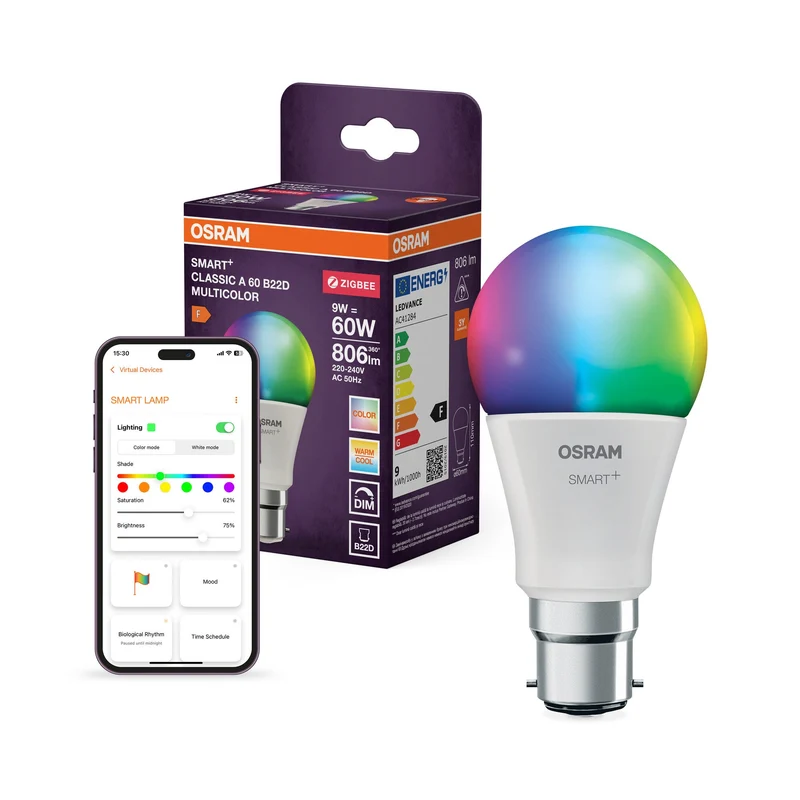 OSRAM Smart+ Lampe avec technologie ZigBee, 9W, A60, mat, couleur de lumière RGBW réglable, 806lm, culot B22D