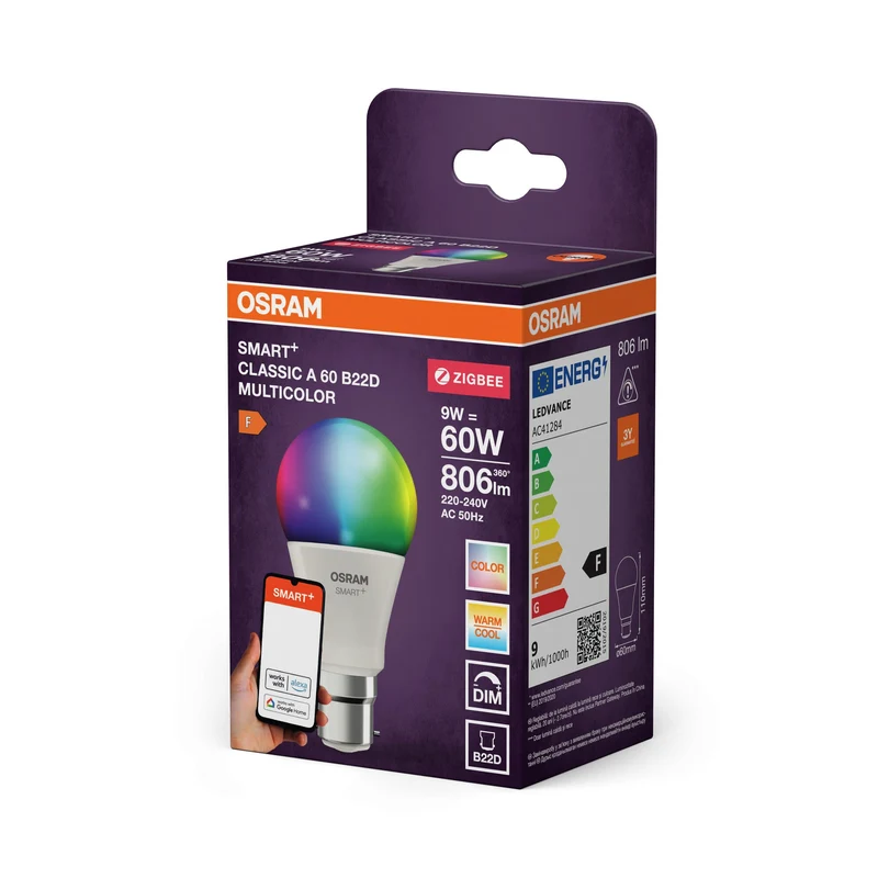 OSRAM Smart+ Lampe avec technologie ZigBee, 9W, A60, mat, couleur de lumière RGBW réglable, 806lm, culot B22D