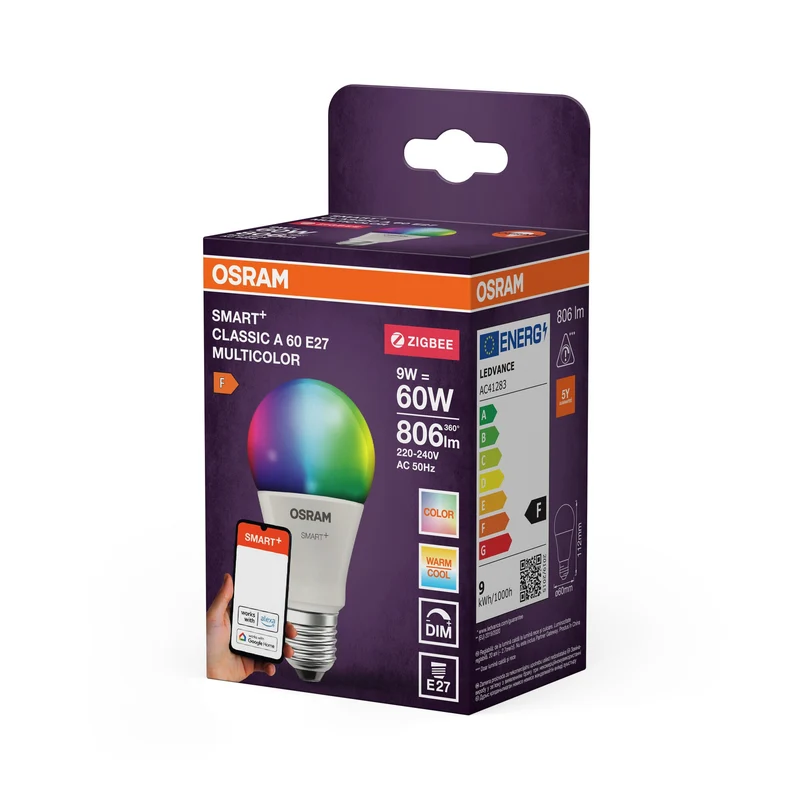 OSRAM Smart+ Lampe avec technologie ZigBee, 9W, A60, mat, culot E27, couleur de lumière RGBW réglable, 806lm