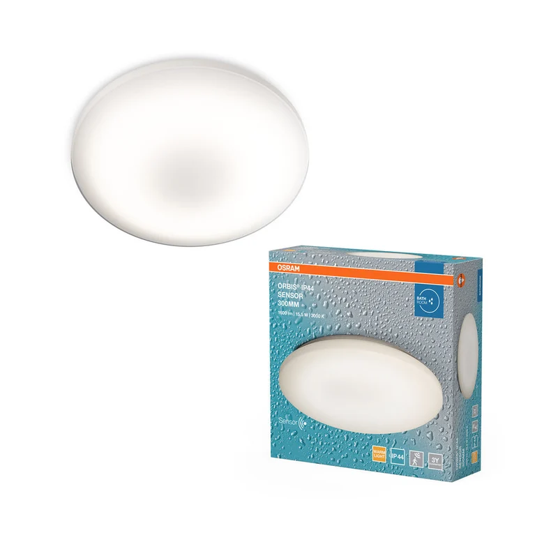OSRAM ORBIS lampe de salle de bain LED avec capteur, plafonnier LED avec IP44 blanc chaud avec 15 W, 1100 lumens et 30 cm de diamètre. ORBIS IP44 CAPTEUR 300MM 15.5W 830
