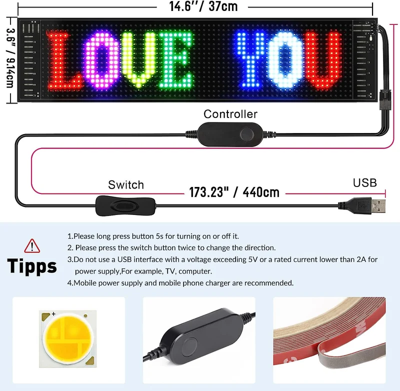 Model 1664 Flexible USB 5V Car LED Sign Bluetooth App Control Display Screen Text Pattern Animation LED sign display for Car Windows, Shop, Bar and Entrance Sign