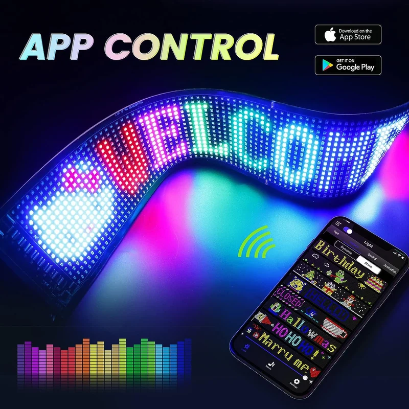 Model 1664 Flexible USB 5V Car LED Sign Bluetooth App Control Display Screen Text Pattern Animation LED sign display for Car Windows, Shop, Bar and Entrance Sign
