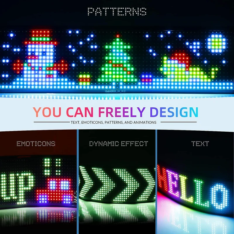 Model 1664 Flexible USB 5V Car LED Sign Bluetooth App Control Display Screen Text Pattern Animation LED sign display for Car Windows, Shop, Bar and Entrance Sign