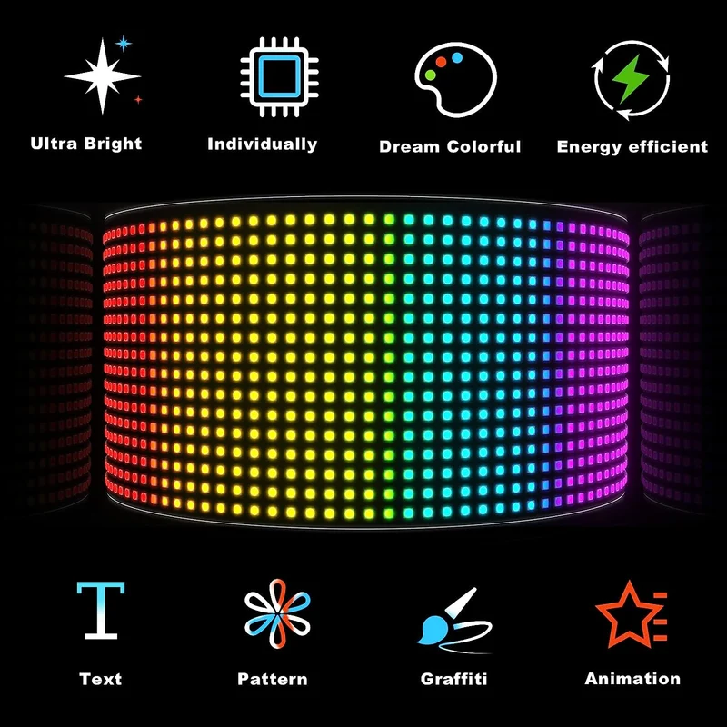 Model 1632 Flexible USB 5V Car LED Sign Bluetooth App Control Display Screen Text Pattern Animation LED sign display for Car Windows, Shop, Bar and Entrance Sign