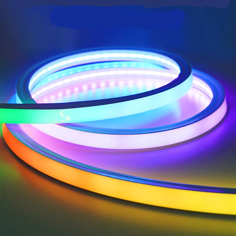 RGB Addressable Neon LED Strip Light | WS2812 SMD5050 60LEDs/M | 20×20mm Flexible Silicone Neon Rope | IP67 Waterproof | Top-Bend & Side-Bend Options | 5M Roll Kit with Power Adapter & Controller