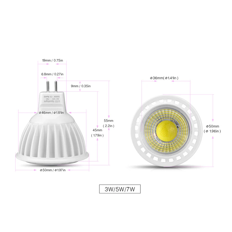 4Pack 3W/5W 12V AC/DC LED Spotlight MR16 LED Bulb Light GU5.3 Bi-Pin Base White Aluminum Housing 30° Beam Angle