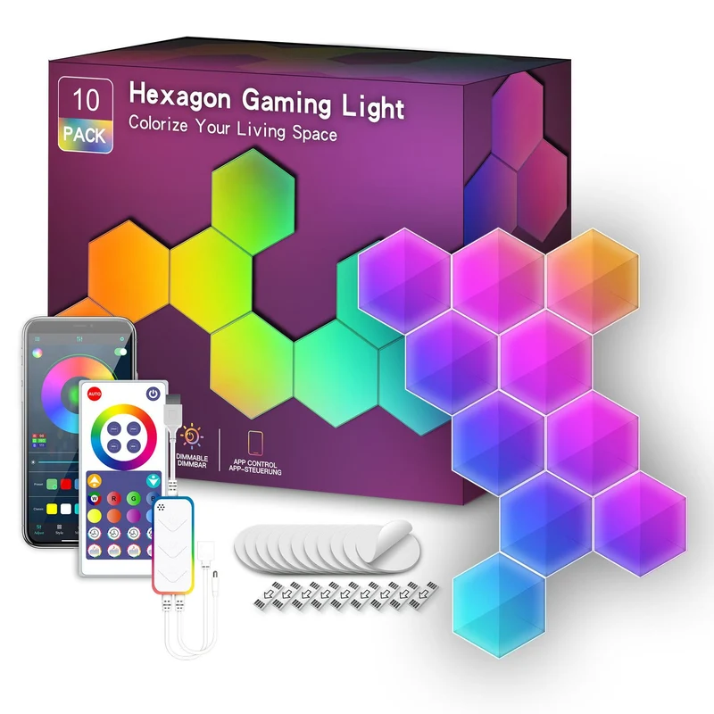 Hexagon Lights Smart App Control RGB Hexagon LED Lights for Wall or Desktop with Music Sync for Gaming Room Streaming Decor