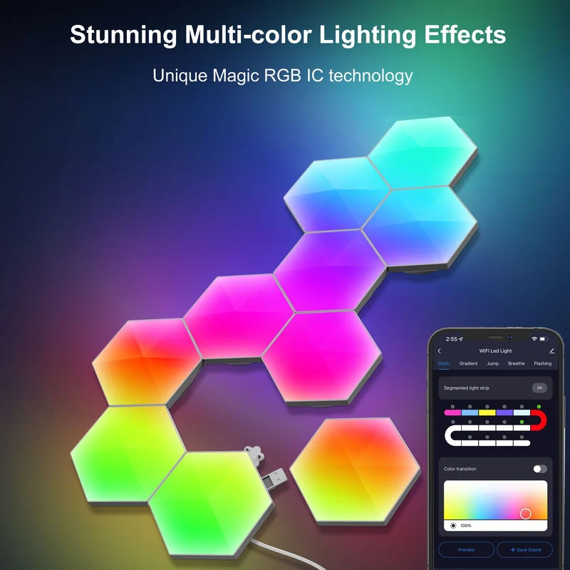Hexagon Lights Smart App Control RGB Hexagon LED Lights for Wall or Desktop with Music Sync for Gaming Room Streaming Decor