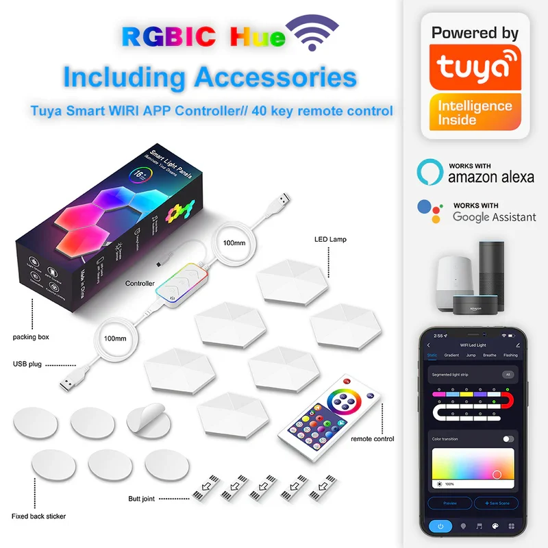 Hexagon Lights Smart App Control RGB Hexagon LED Lights for Wall or Desktop with Music Sync for Gaming Room Streaming Decor