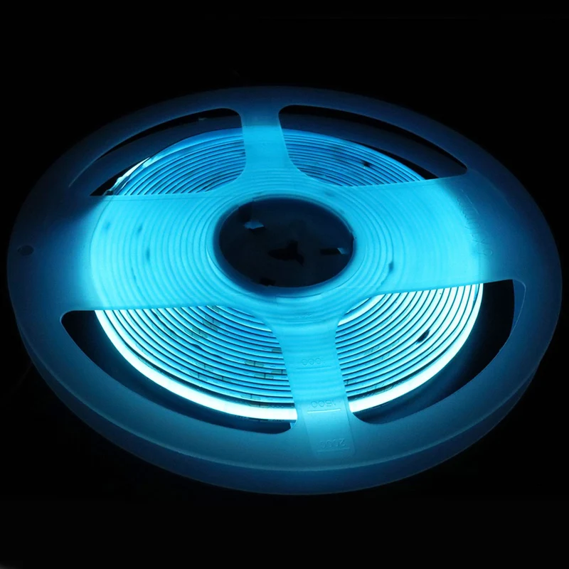 16.4FT (5Meters) Roll of Icy Blue Color COB LED Flex Strip Spot Free in 24V with 512 LEDs 14Watt per Meter Flexible LED Tape 10mm Wide PCB Non-waterproof