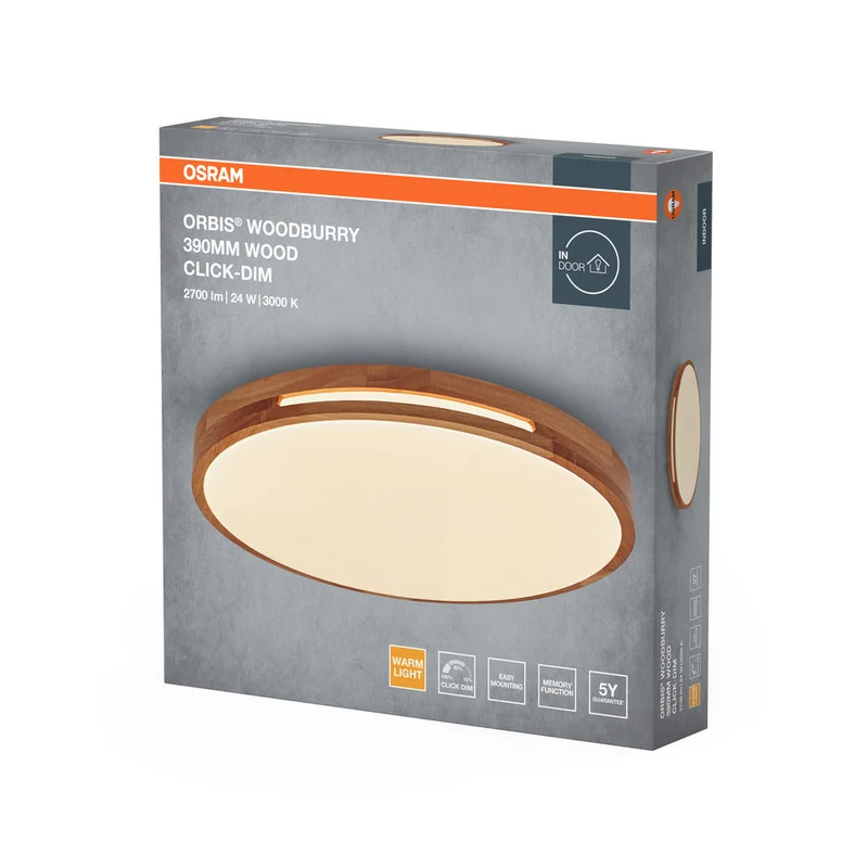 OSRAM ORBIS Woodburry plafonnier dimmable Click-DIM 24W 390mm bois