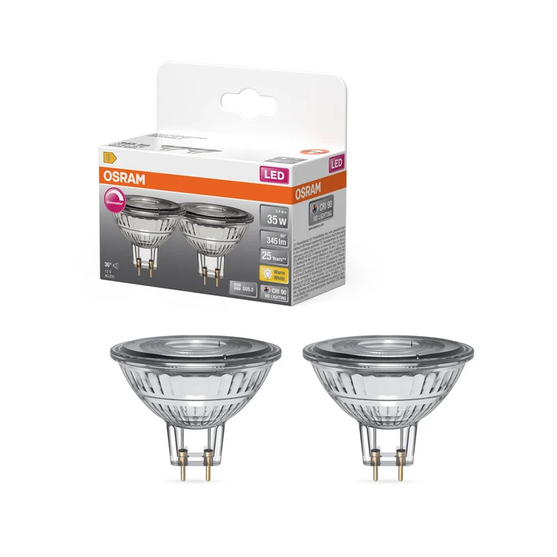 OSRAM Ampoules LED réflecteurs MR16 basse tension dimmables avec culot retrofit, remplacement 35 watts, GU5.3, réflecteur MR16, 2700 Kelvin, blanc chaud, verre clair, pack de 2