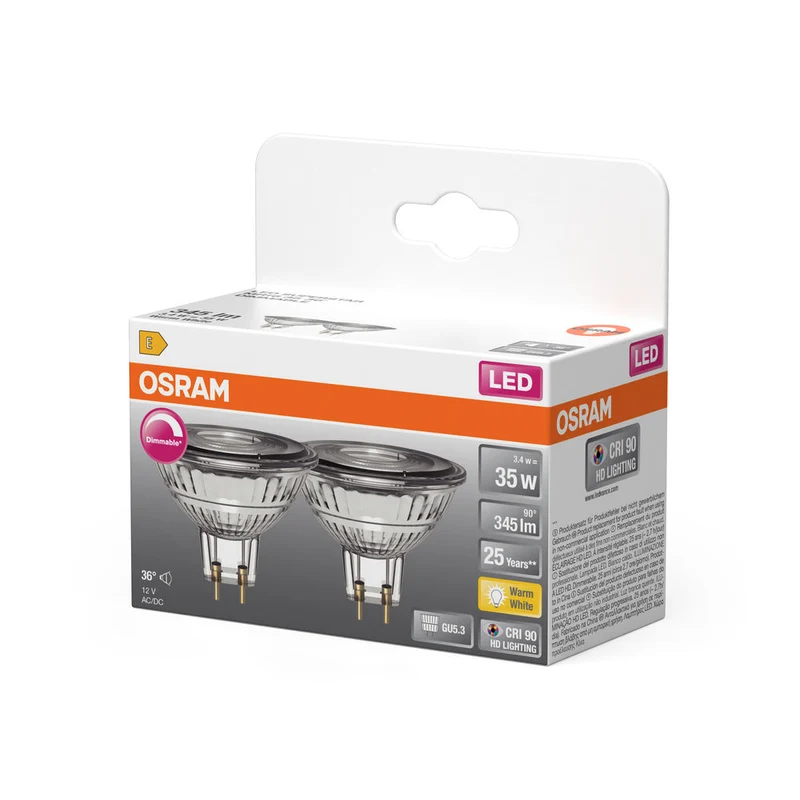 OSRAM Ampoules LED réflecteurs MR16 basse tension dimmables avec culot retrofit, remplacement 35 watts, GU5.3, réflecteur MR16, 2700 Kelvin, blanc chaud, verre clair, pack de 2