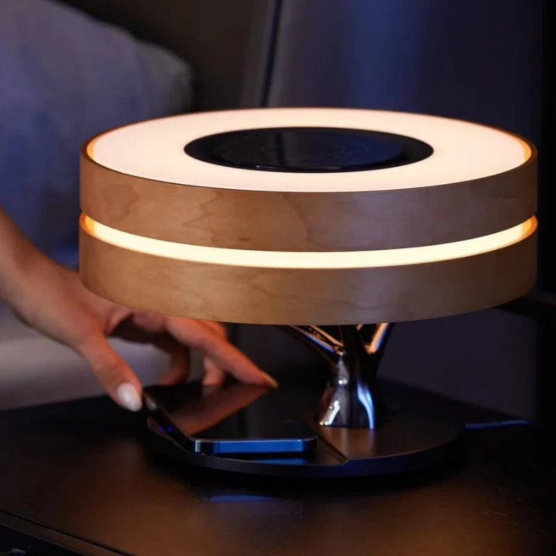 Lampe de Chevet Ronde "Horizon" avec Enceinte & Chargeur Sans fil - Dimmable Tactile - 3000K/4000K/6500K