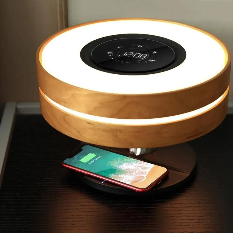 Lampe de Chevet Ronde "Horizon" avec Enceinte & Chargeur Sans fil - Dimmable Tactile - 3000K/4000K/6500K