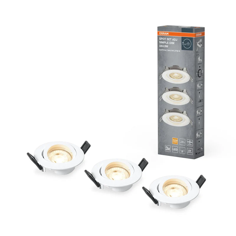 OSRAM LED Spot encastrable lot de 3, 3x 5W, Ø 90mm, blanc chaud, gradable en continu par interrupteur mural, blanc