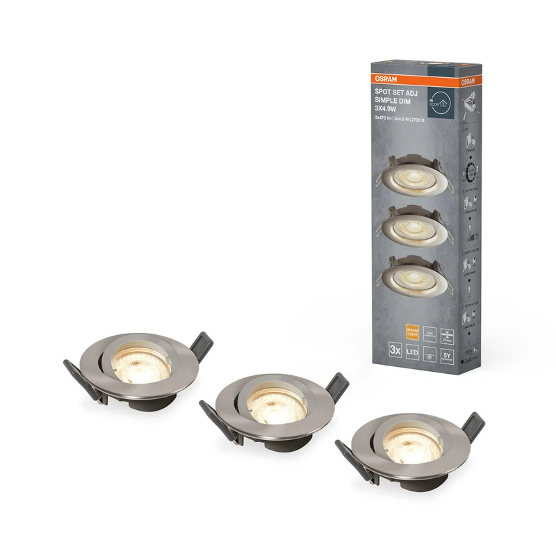 OSRAM LED spot encastrable, Ø 90mm, lot de 3, 3x 5W, blanc chaud, gradable en continu par interrupteur mural, gris