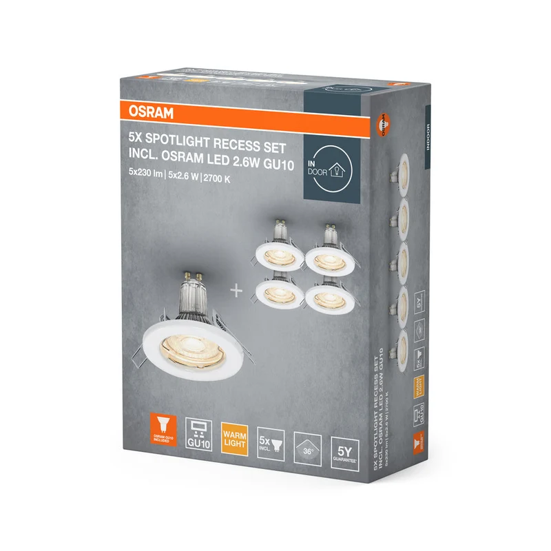 OSRAM spots encastrables en lot de 5, Ø 80mm, incl. 5x ampoules GU10-OSRAM (5x 2,6W), blanc, boîtier métallique, protection IP20