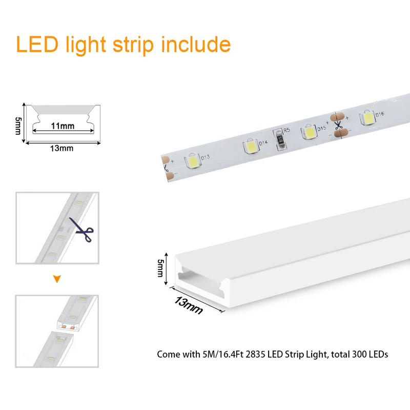 16.4ft/5M DC12V 5*13mm LED Waterproof Flexible Silicone Neon LED Strip with 300LED SMD3528 LED Light