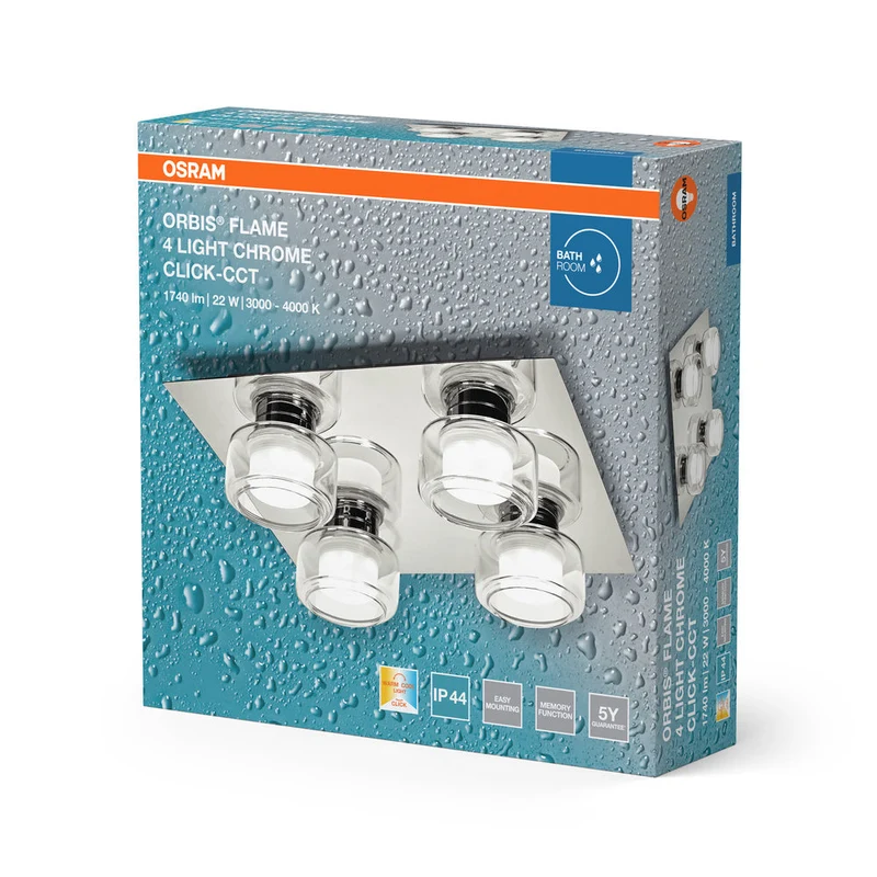 OSRAM ORBIS Flamme Plafonnier de salle de bain 22W Click CCT IP44 Chrome