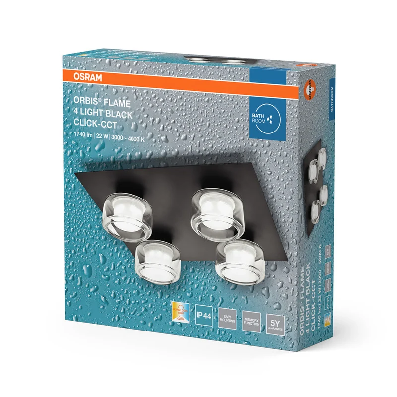 OSRAM ORBIS Flamme Plafonnier de salle de bain 22W Click CCT IP44 noir