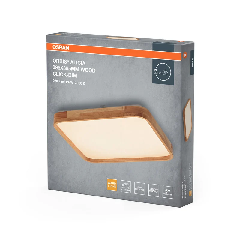 OSRAM ORBIS Alicia plafonnier dimmable Click-DIM 24W 395x395mm décor bois