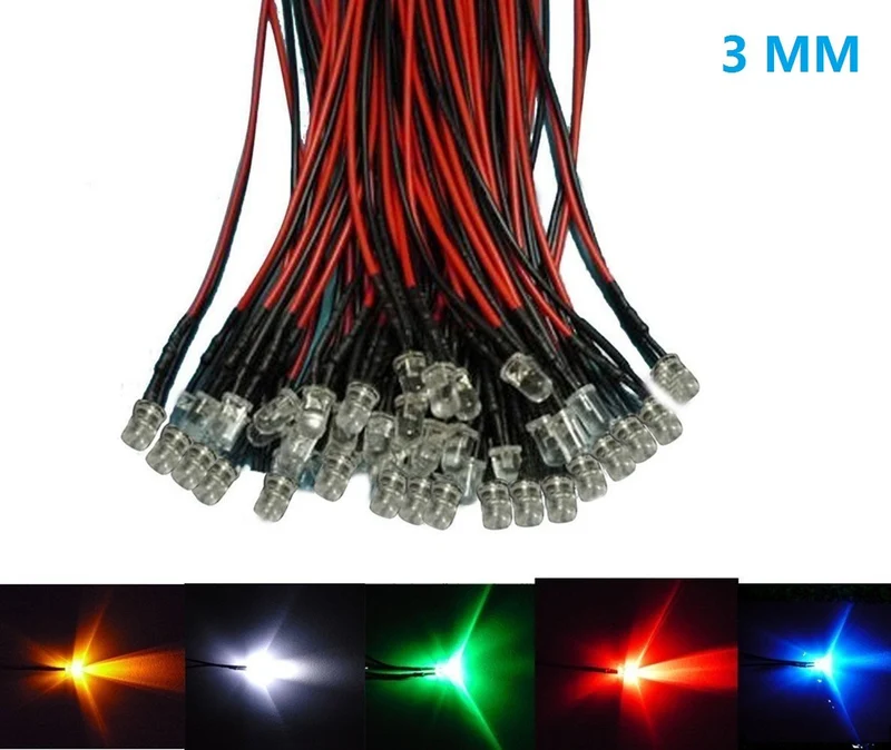 50pcs Pack 3mm LED Pre Wired light 3V/6V/12V 20cm F5 Straw Hat Round Top Bulbs Light Lamp for DIY Car Boat Toys Party lighting Project