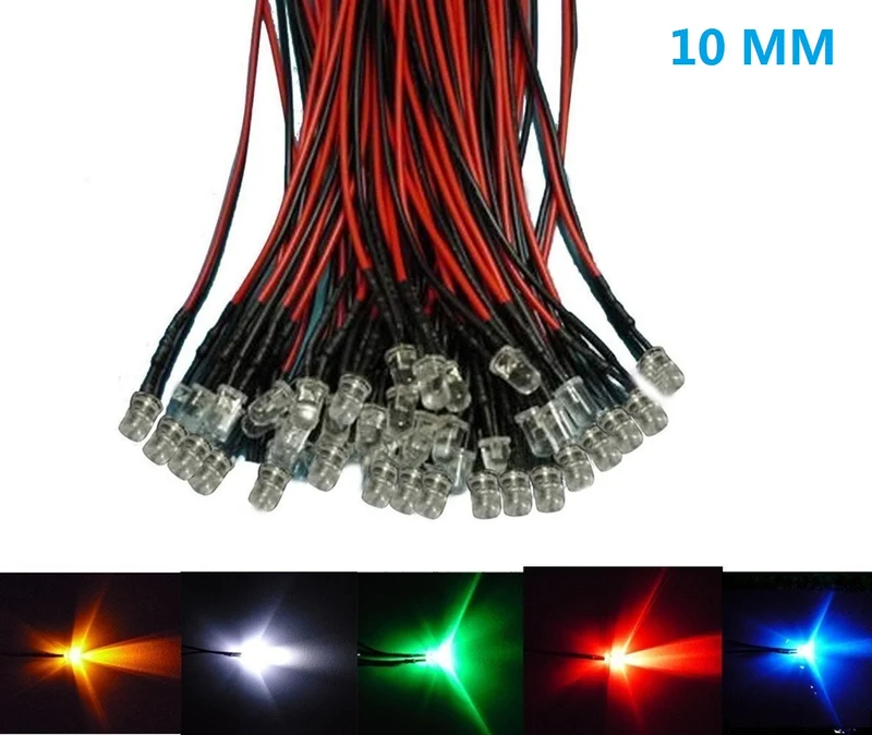 50pcs Pack 10mm LED Pre Wired light 3V/6V/12V 20cm F10 Straw Hat Round Top Bulbs Light Lamp for DIY Car Boat Toys Party lighting Project