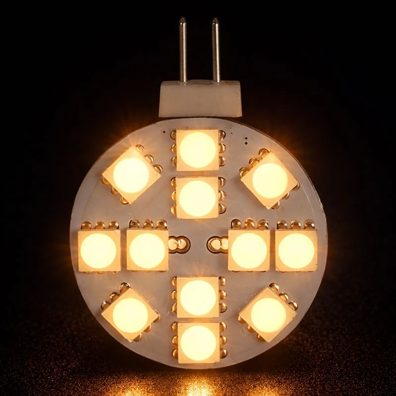 4 Pack 2.2 Watt (25 Watt Equivalent) DC12V Flat Round Wafer Disc Light Bulb G4 Bi-pin base Lamps with 12 pcs Tri-Chip LED SMD5050
