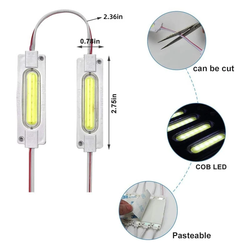 COB LED Module String – 1.8 W | 150 lm | 70×19 mm | 160° Beam | DC 12 V | Waterproof IP65 (20-pcs String) for Channel Letters & Signage– 6500K / 3000K / Red / Green / Blue / Yellow / Pink