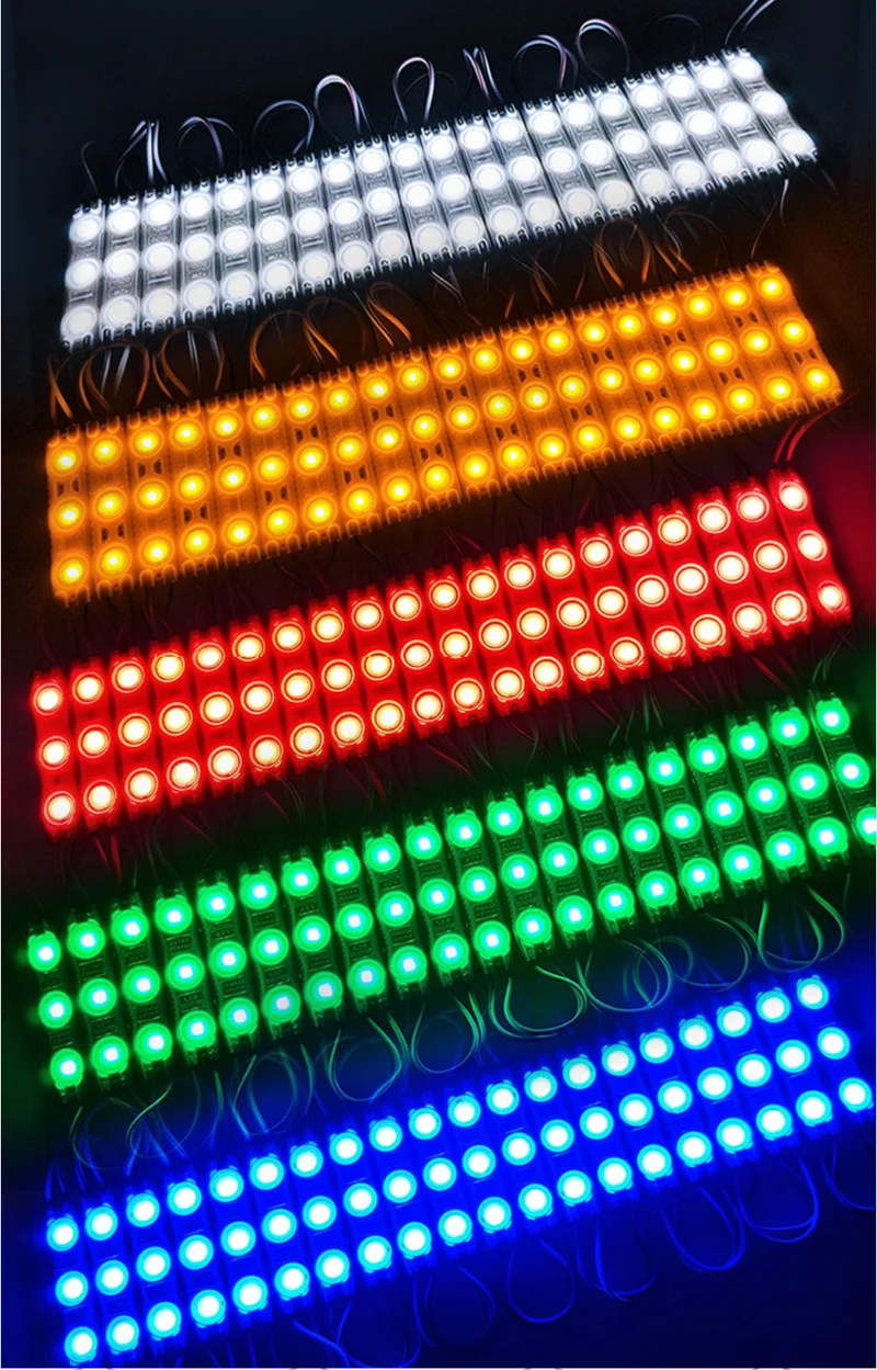 SMD2835 LED Module String – 3 LEDs/Module | 1.5 W 130 lm | 60×13 mm | DC 12 V | IP65 Waterproof with Adhesive Tape | for Light Box & Channel Letter Signage (20-pcs/String)– 10000K / 6500K / 4000K / 3000K / Red / Green / Blue / Yellow / Pink