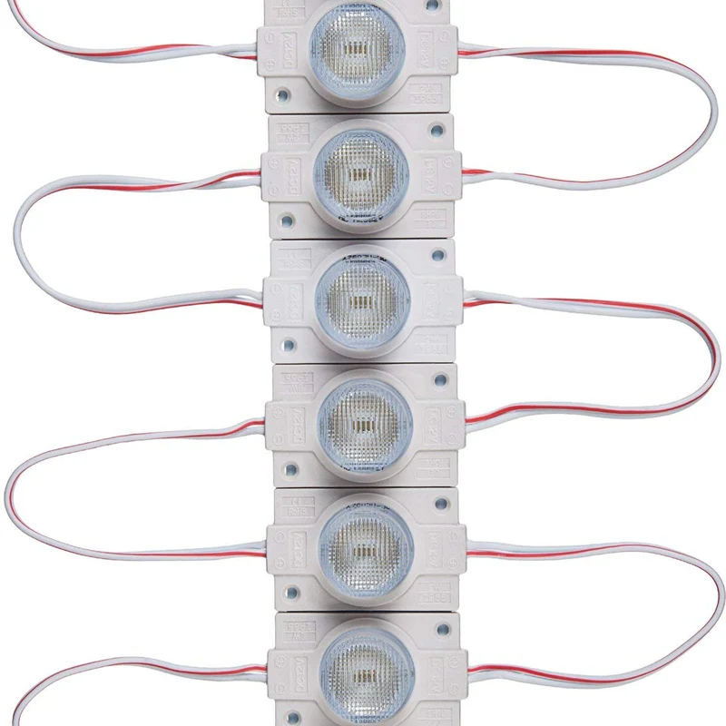 12V 1.5W LED Module with Lens, 20pcs/String, 150LM, IP65 Waterproof Sign Module for Light Box, Channel Letter, and Signage Backlighting – 6500K / 3000K / Red / Green / Blue / Yellow / Pink