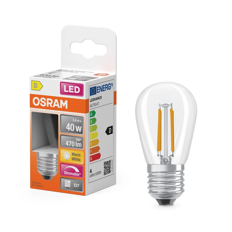OSRAM Lampe LED filament dimmable avec culot E27, blanc chaud (2700K), bougie souffle de vent, 5W, remplacement pour ampoule à incandescence 40W, clair, LED retrofit CLASSIC BA DIM