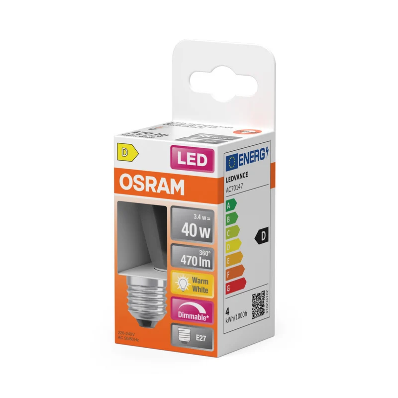OSRAM Lampe LED filament dimmable avec culot E27, blanc chaud (2700K), bougie souffle de vent, 5W, remplacement pour ampoule à incandescence 40W, clair, LED retrofit CLASSIC BA DIM