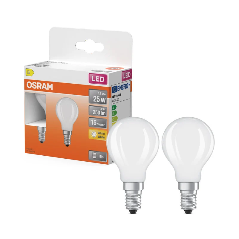 OSRAM ampoules LED, forme mini-boule classique, remplacement 25 watts, E14, forme P, 2700 kelvin, blanc chaud, verre clair, lot de 2