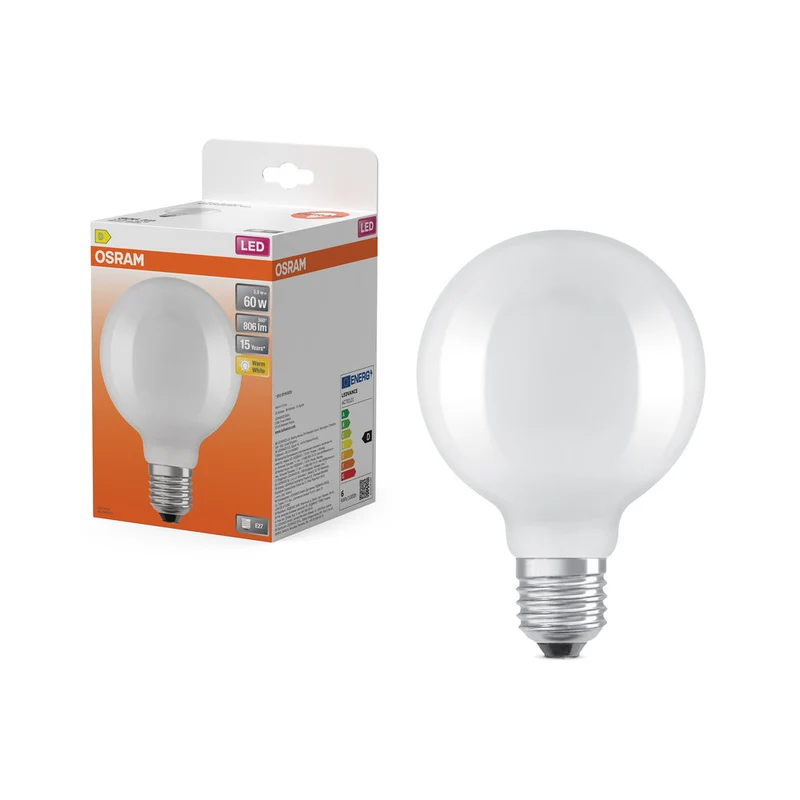 OSRAM LED Lampe LED Rétrofit CLASSIC GLOBE95 6.5W 827 Givré E27, 806 lm, 2700 K, Blanc chaud