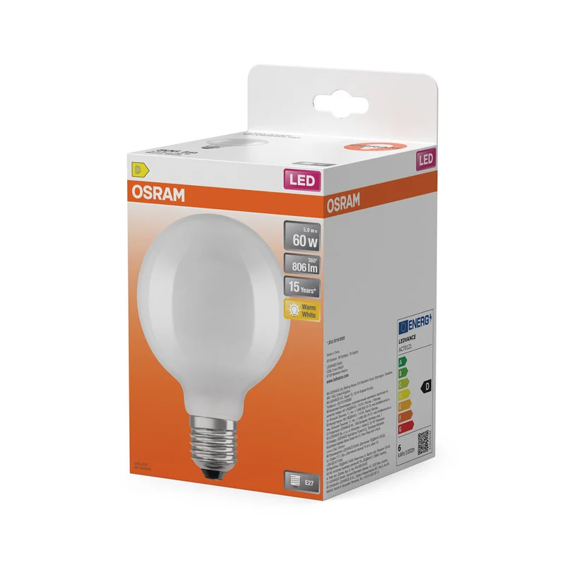 OSRAM LED Lampe LED Rétrofit CLASSIC GLOBE95 6.5W 827 Givré E27, 806 lm, 2700 K, Blanc chaud