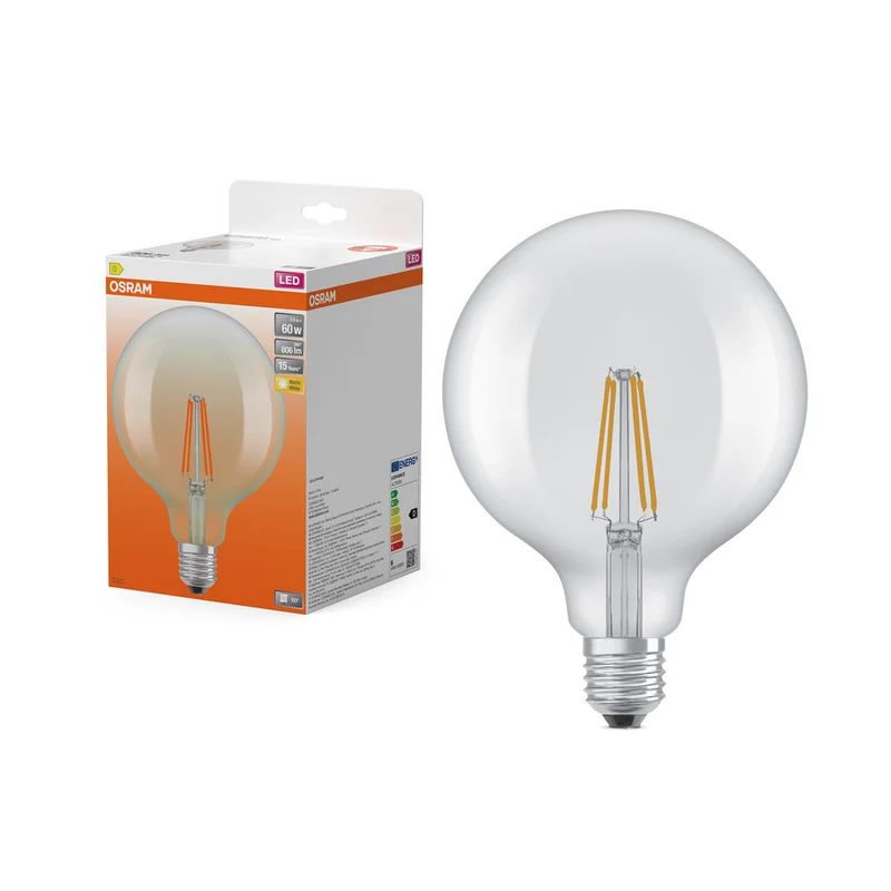 OSRAM ampoules LED, forme classique boule, remplacement 60 watts, E27, G125, 2700 kelvin, blanc chaud, verre clair, paquet simple