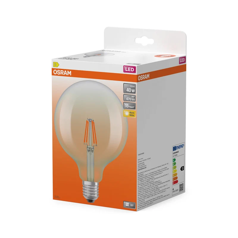 OSRAM lampes LED, forme classique boule, remplacement 40 watts, E27, G125, 2700 kelvin, blanc chaud, verre clair, paquet simple