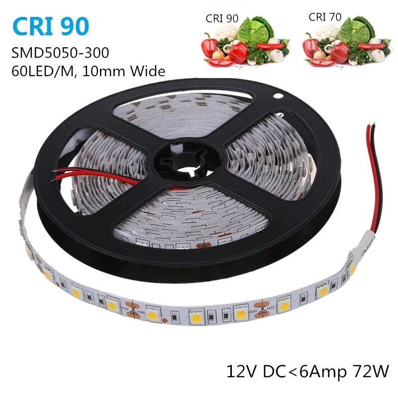 High CRI 90 LED Strip Lights, 5Meters (16.4ft) SMD5050-300, 60 LEDs 900LM Per Meter, DC 12V Dimmable Flexible LED Strips,10mm Wide Tape